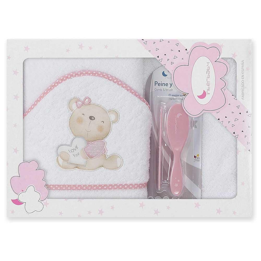 Interbaby - Baby Bath Cape White/Pink + Baby Combs | Hooded Towel 100% Cotton, 100 x 100 cm, Unisex | Soft, Quick Drying | Ideal for Newborns, Babies and Toddlers | Love You Design