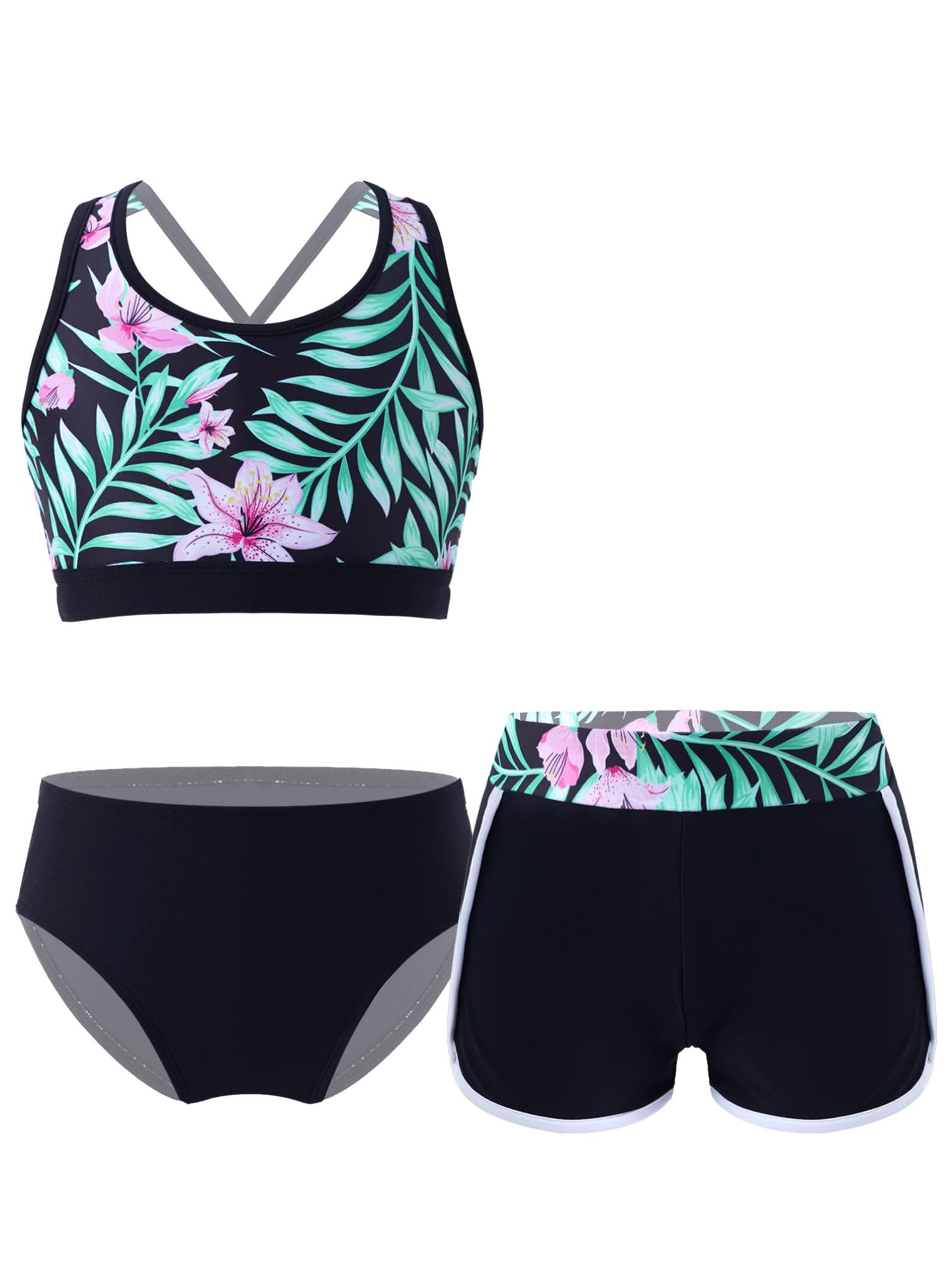 YiZYiF 3 Pièces Maillot de Bain Enfant Fille Imprimé Tankini Top Haut de Bain Bas de Bikini Short de Bain Ensemble Natation Plage Vêtement Eté 6-16 Ans