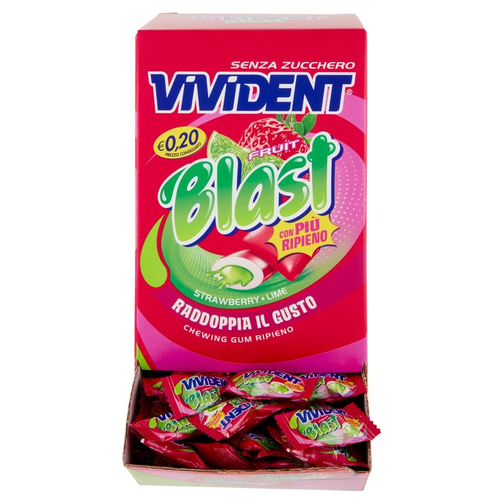 Vivident Fruit Blast, Chewing Gum Ripieno, Senza Zucchero, Gusto Fragola Lime, Senza Glutine, Confezione da 200 Gomme da Masticare
