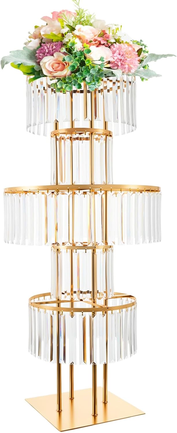 43.3" Tall Gold Flower Stand for Wedding Centerpieces – 5-Tier Clear Acrylic & Metal Centerpiece Stand with Crystal Style Design, 11.8" Base, Perfect for Wedding Tables, Floor Décor & Reception Events