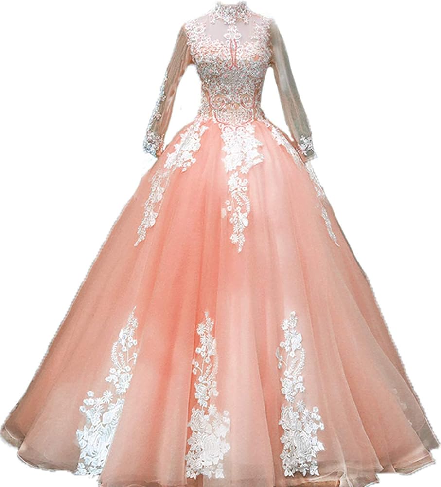BessDress Gold Lace Appplique Quinceanera Dresses Long Sleeves