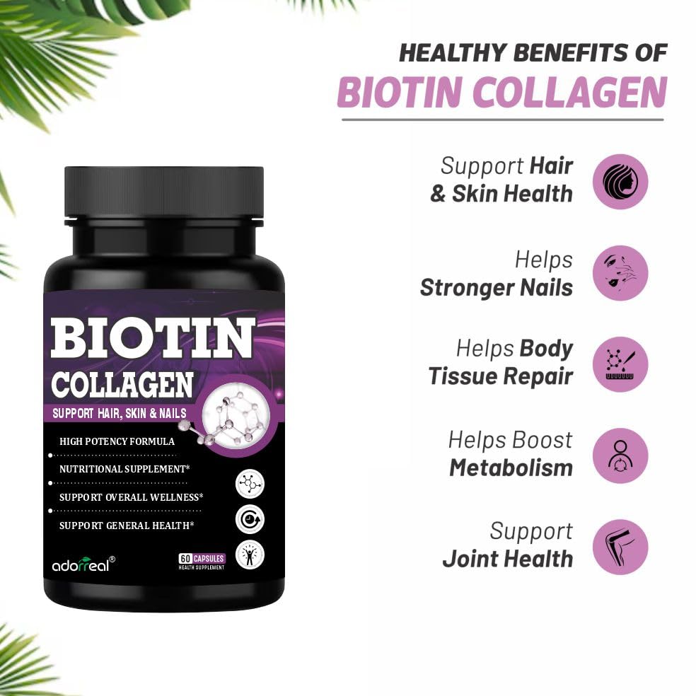 Adorreal Biotin with Plant-Based Collagen, Vitamin C & Hyaluronic Acid – 10000mcg Hair, Skin & Nail Support Supplement – 60 Vegan Capsules 1