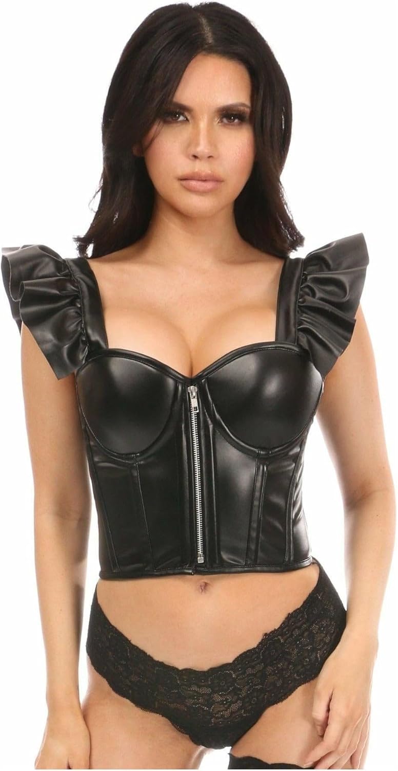 デイジーコルセット レディース レッド フェイクレザー ビスチェトップ フリル袖付き, ブラック, Large