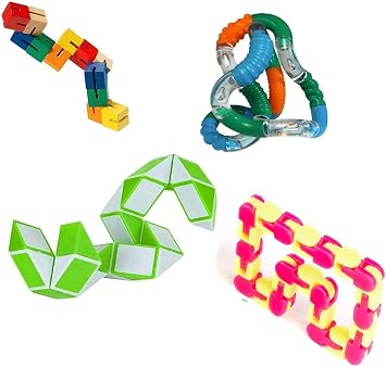 Fidget Sensory Stress Relief Twister Toys Pack of 4 with Genuine Tangle Textured, Wood Fidget Puzzle, Shape Shifter Brain Teaser 12 Blocks