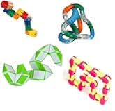 Fidget Sensory Stress Relief Twister Toys Pack of (4) with Genuine Tangle® Textured, Wood Fidget Puzzle, Shape Shifter Brain Teaser 12 Blocks