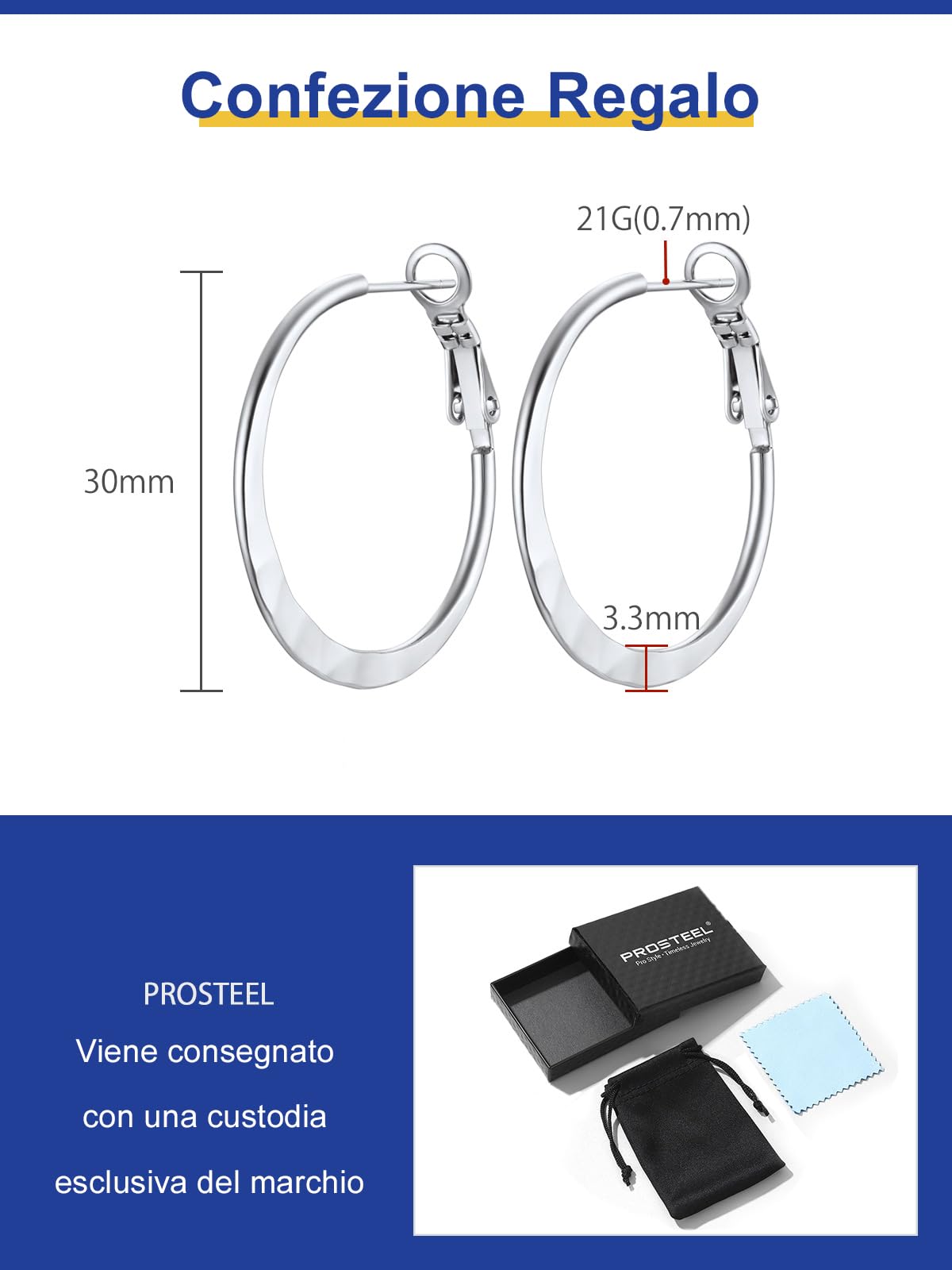 PROSTEEL Orecchini a Cerchio Acciaio Inossidabile 30/40/60/80mm Argento/Nero/Oro Placcato