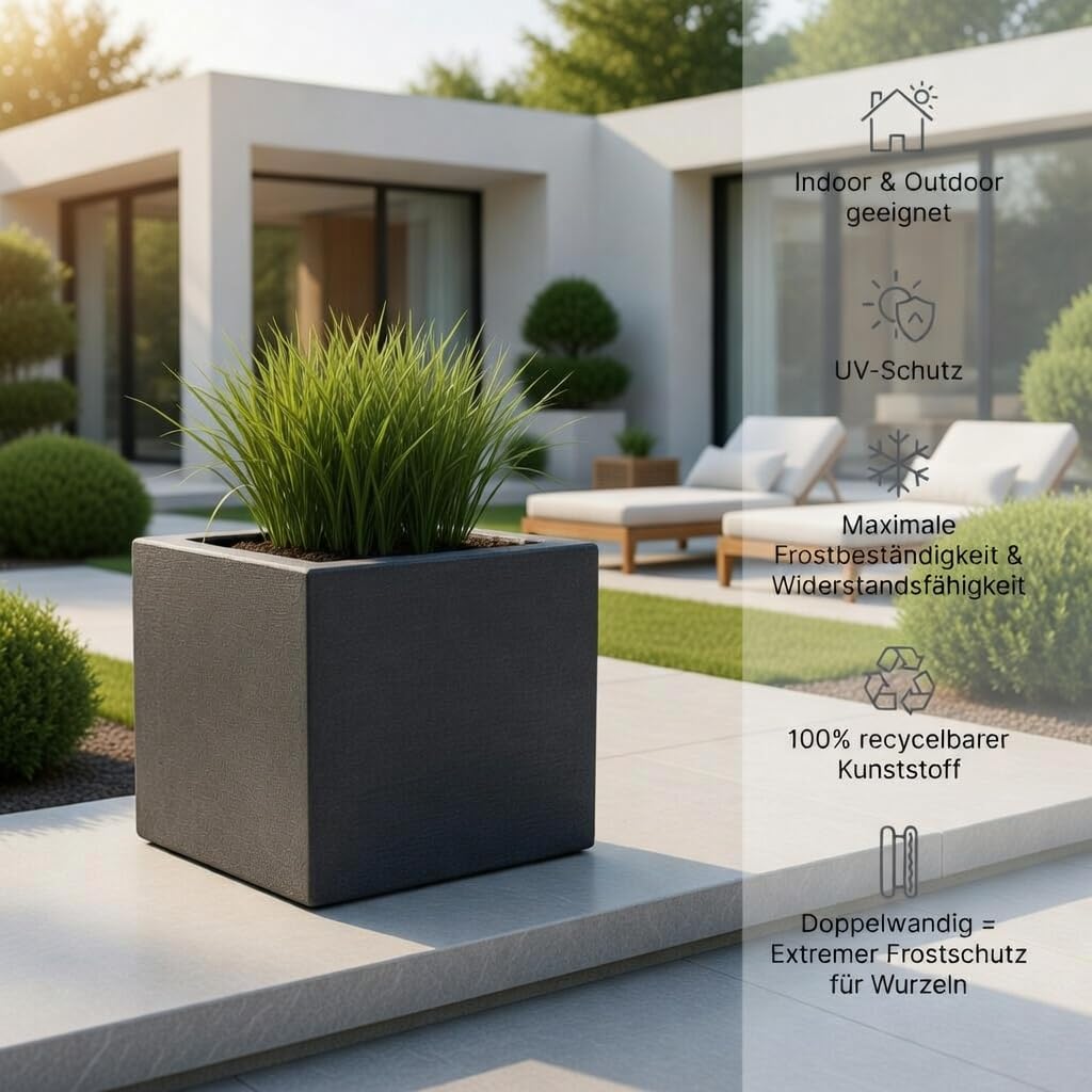 Pflanzwerk® Vaso da fiori CUBE Antracite Plastica MIGLIOR PREZZO *Dimensione selezionabile*Resistente al gelo* *Protezione UV* *Europea di qualità*