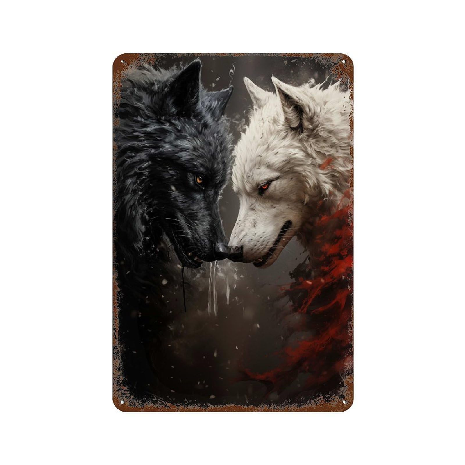 Two Wolves Fighting Rust Effect Tin Sign 11.8"x7.9", Rustic Home Decor for Garage, Pub Or Kitchen