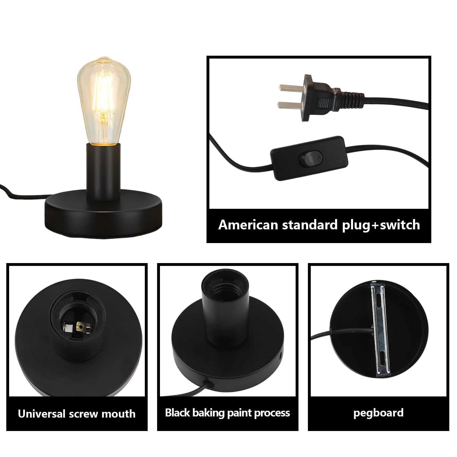 Oprawa lampy E27 z przełącznikiem, czarna, oprawa z kablem sieciowym 1,8 m, retro, oprawa E27, do baru, sypialni, salonu, biura, "zrób to sam" (bez żarówki)