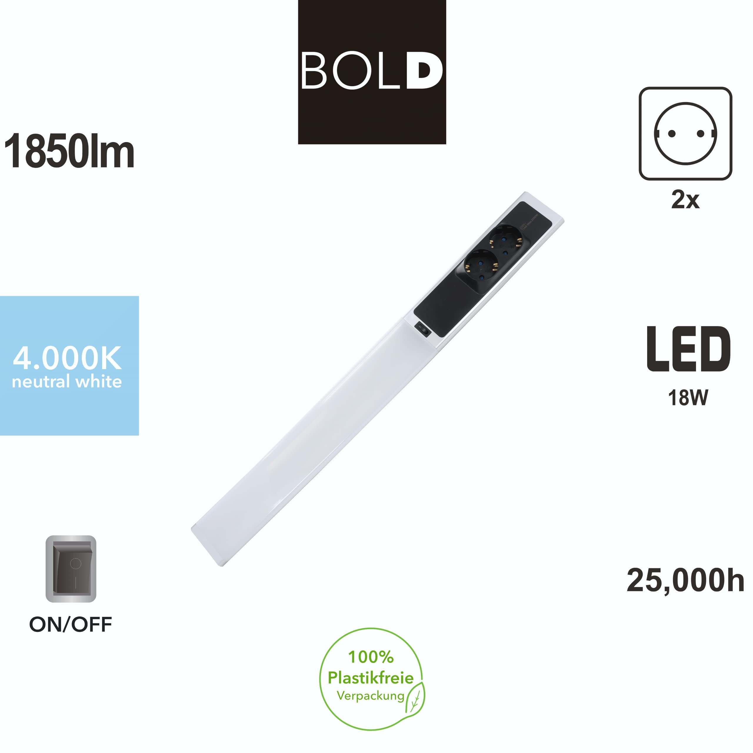 Bold Luminaria LED para Debajo del Armario de Cocina con 2 Tomas (1750 lúmenes | 18 W | 4000k Blanco Neutro | IP20 | 60 cm de Longitud)