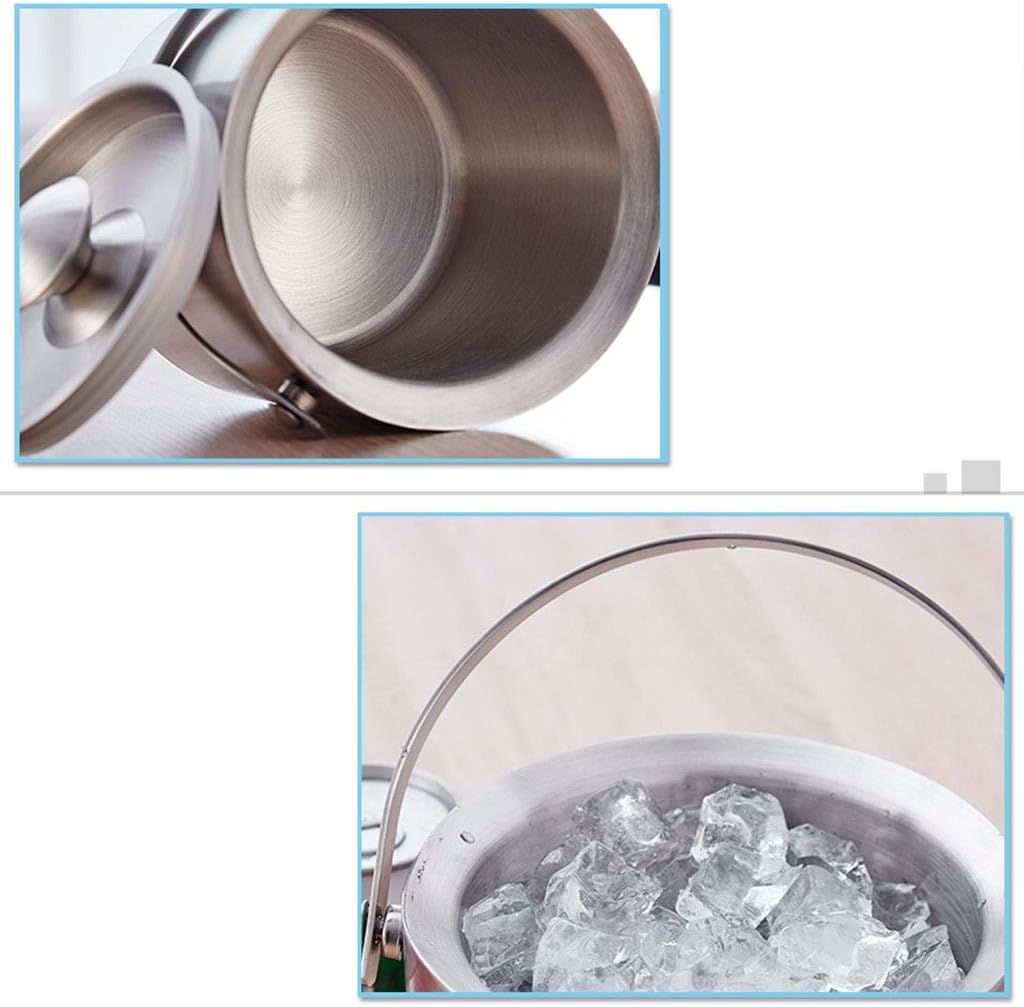 Ice Bucket with Lid And Strainer Well Made Stainless Steel Wall Keep Longer Bonus Tongs(15.5 * 13cm)