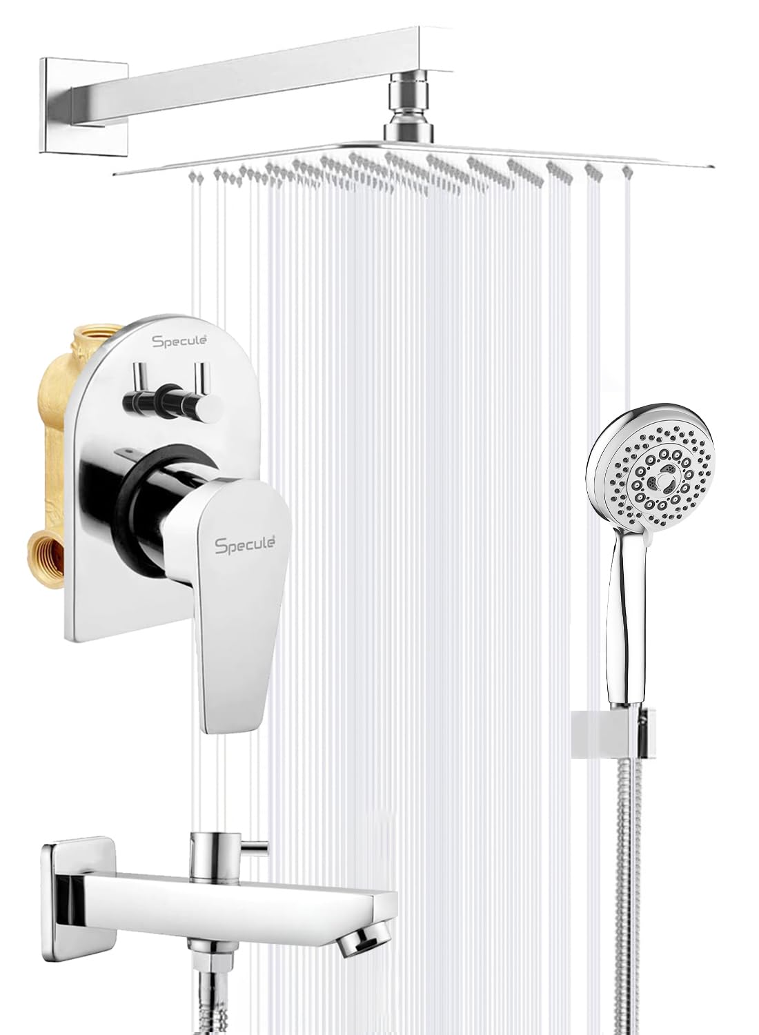 Specule Aria, Brass Concealed Body High Flow Diverter Full Set For Bathroom With Rain Overhead Showers and Bath Tub Spout | Bathroom Mixer (Chrome) (B0DBHPW6G4) Amazon Price History, Amazon Price Tracker