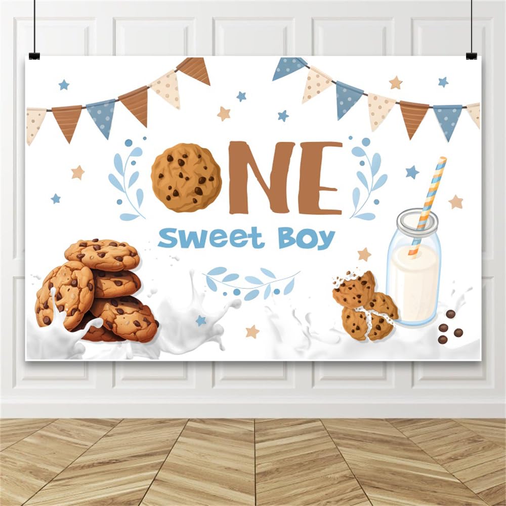 AWERT 3 x 2,4 m 'Happy 1st Birthday' tło baner jeden słodki chłopiec mleko ciasteczka urocze tło fotograficzne chłopcy pierwsze urodziny baby shower przyjęcie dekoracje materiały