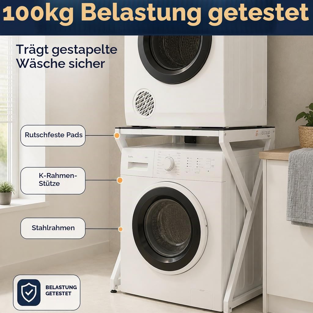 Maxi – Universal Waschmaschinen- und Trockner-Stapelkit | Verstellbarer Rahmen (72–82 cm), 100 kg Tragkraft | Ohne Bohren, Antivibration, Platzsparend