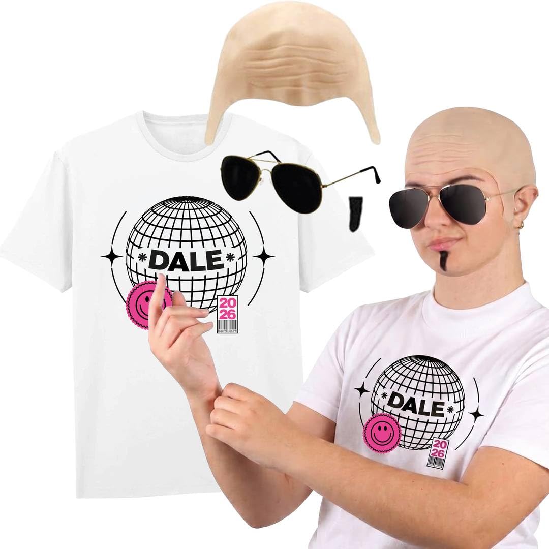 LOVETRENDS Adults Mr Worldwide Costume Set - Printed Dale T-Shirt, Nude Bald Cap, Black Sunglasses, Black Soul Patch - Mens Ladies Music Icon Famous Celebrity Fancy Dress Costume