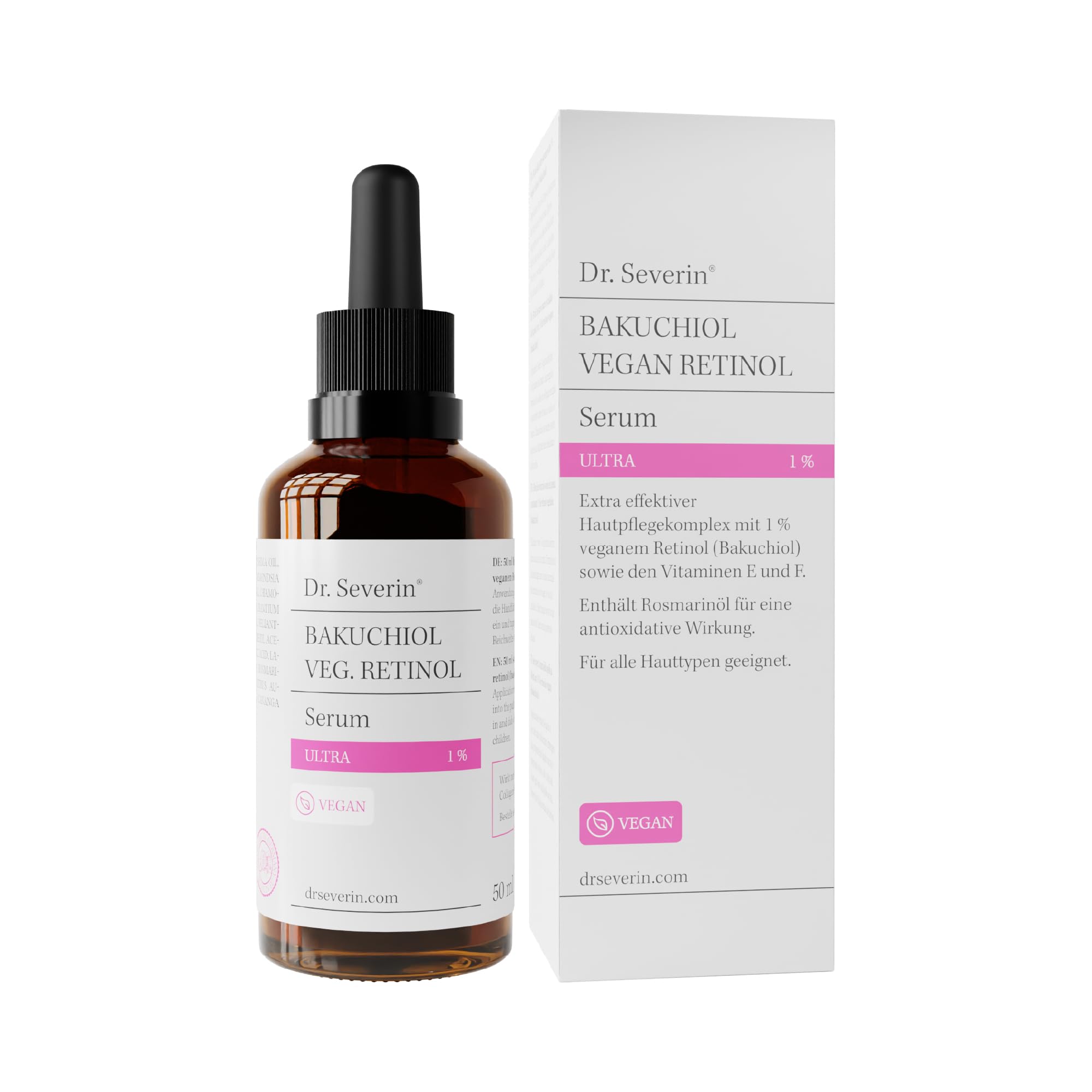 Dr. Severin 1% Bakuchiol Vegan Retinol Serum Ultra 50 ml I Gesichtsserum mit pflanzlichem Retinol, Vitamin E, Vitamin F, Marula-Öl, Avocado-Öl I Anti-Aging I minimiert feine Linien und Poren I Vegan
