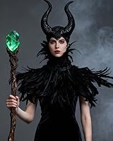 Vista 2 de L'VOW chal gótico con plumas negras y cuernos de Maleficent, disfraz de cuervo para Halloween