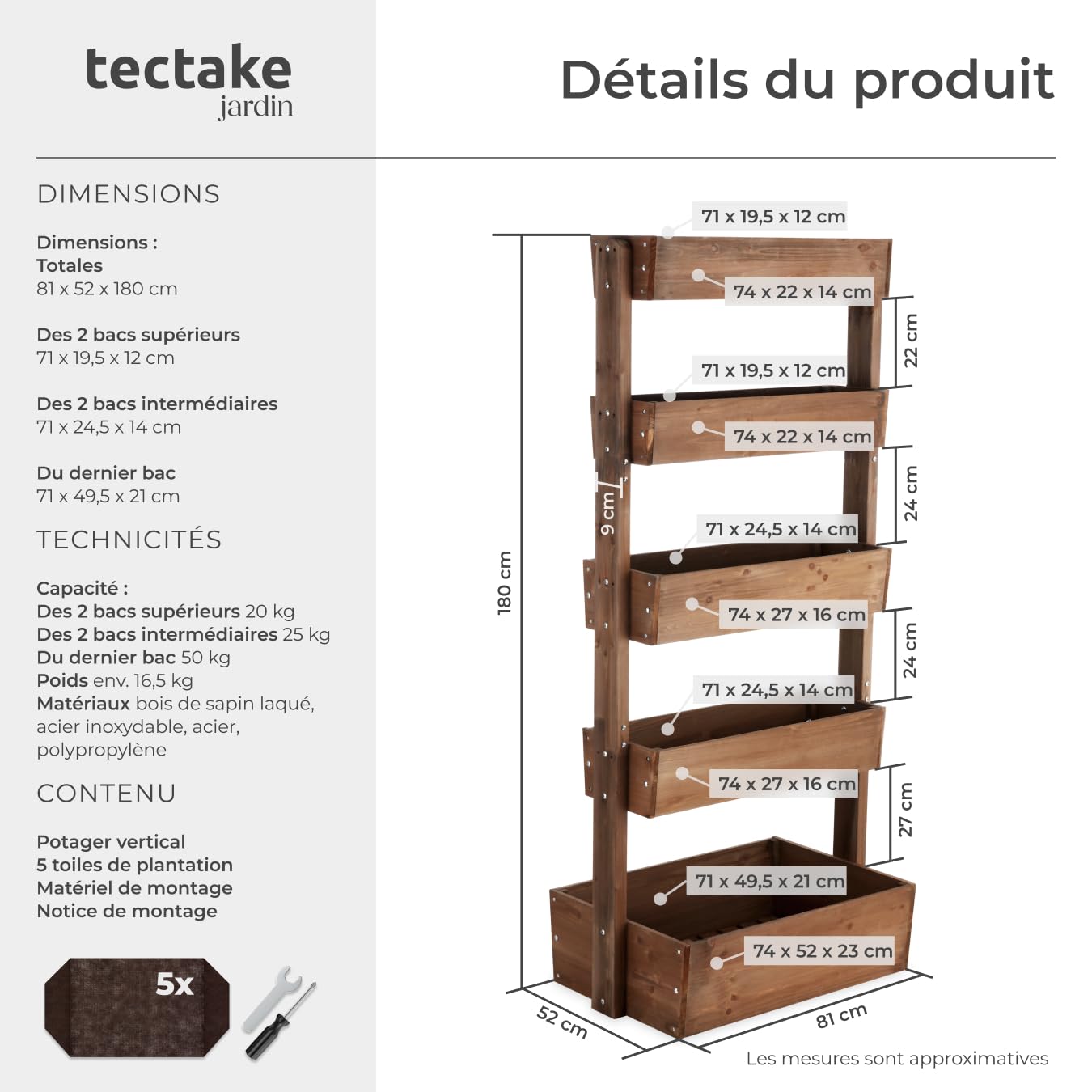tectake® Jardinière Verticale, 81 x 52 x 180 cm 5 Niveaux, Système de Drainage et Toile de paillage, Jardiniere Haute Potager surélevé Pots de Fleurs Plantes aromatiques, Balcon Terrasse, Marron
