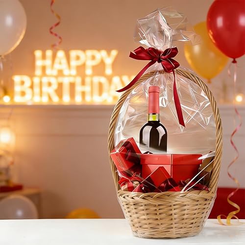 Miniatura 7 de Amsthow Bolsas transparentes de celofán de 20 unidades con lazos, papel de regalo de 12 x 18 pulgadas para canastas, recuerdos, frutas pequeñas,