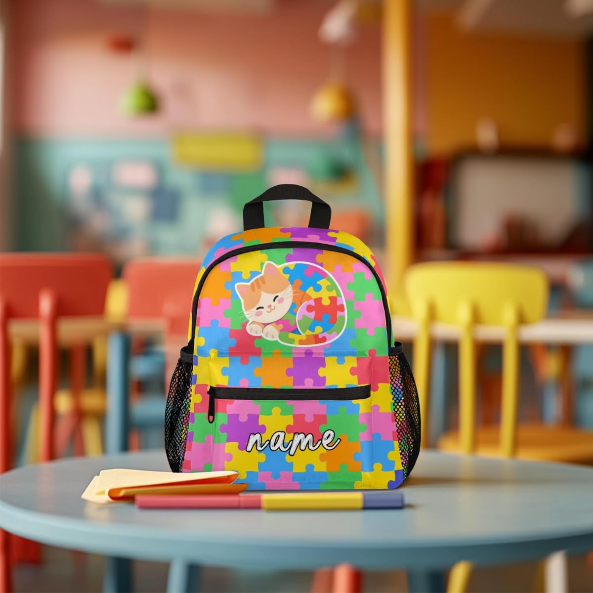 Custom Kids Backpack, Autism Awareness Personalized Name Backpack for Boys Girls, Waterproof Lightweight Toddler School Bag with Chest Strap 12 In (Animal Cat)
