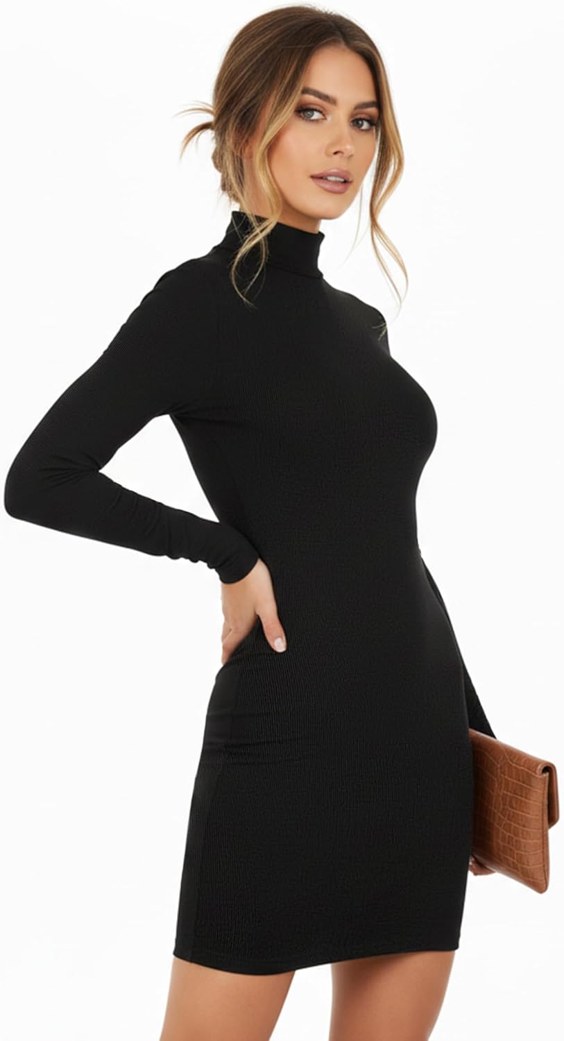 Women Mock Neck Bodycon Dress Long Sleeve Slim Fit Mini Pencil Dresses Night Club Dress - Image 4