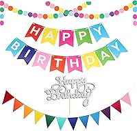 Vista 1 de Cartel de feliz cumpleaños con decoración de pastel, pancarta de cumpleaños arcoíris, guirnalda de papel circular con banderas triangulares