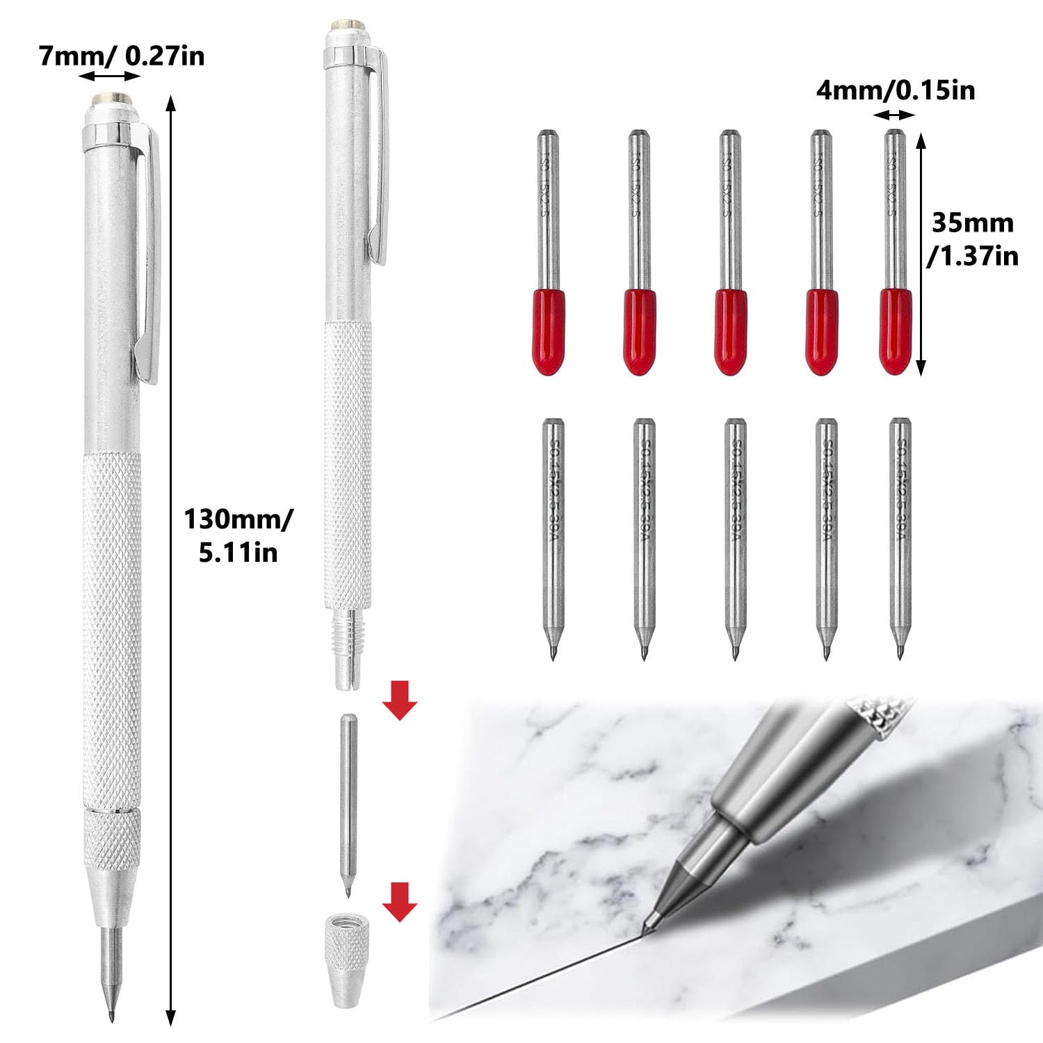 2 Bulini per Incisione, Penne in Carburo di Tungsteno con Magnete, Marcatore per Metallo, Ceramica, Piastrelle, Vetro, Legno, 10 Pennini di Ricambio