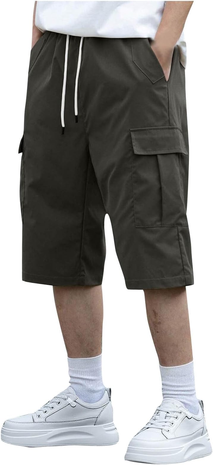 NATHGAM Long Cargo Shorts for Men 3/4 Capri Pants Multi-Pocket Elastic Waist Summer Outdoor Wear Hiking Travel Fishing Shorts