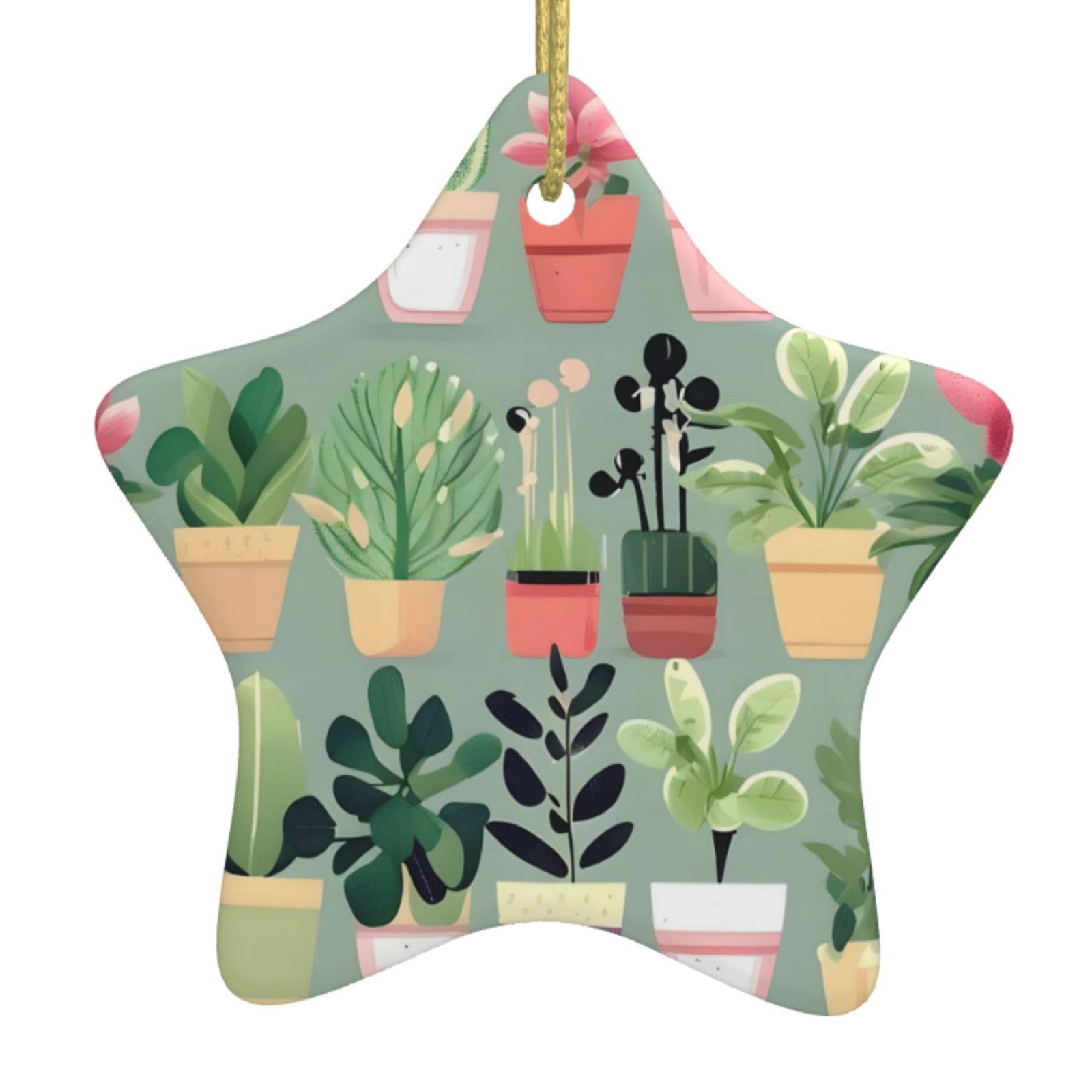 Bonsai Plant Christmas Ceramic Star Pendant with Punched Holes and Gold Wire Rope, Christmas Tree Home Decoration