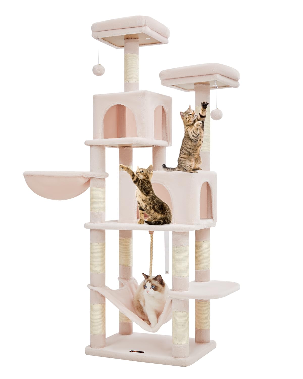 Cat Tree, 66.2-Inch Cat Tower for Indoor Cats, Plush Multi-Level Cat Condo with 12 Scratching Posts, 2 Perches, 2 Caves, Hammock, 2 Pompoms, MS013P Jelly Pink