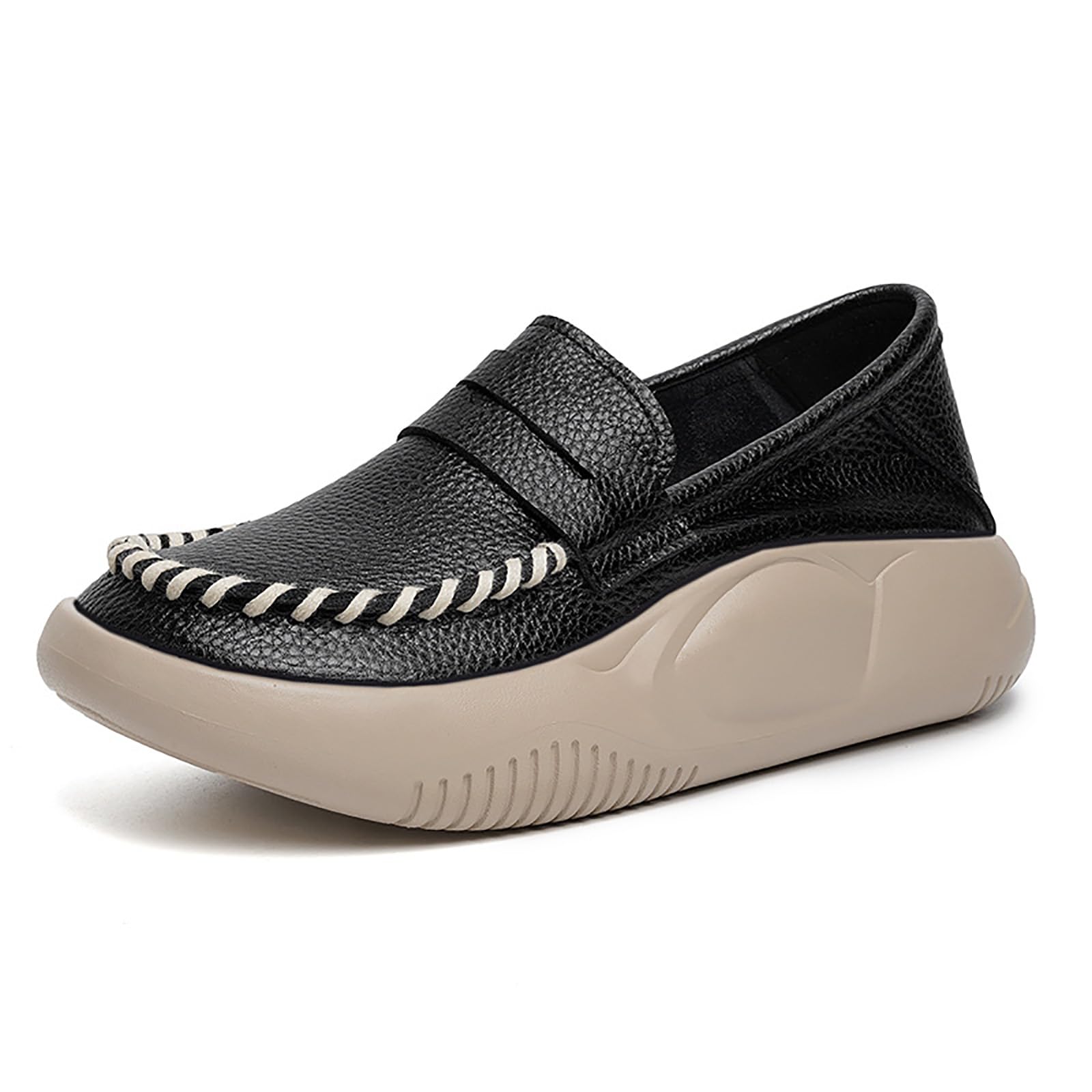 Women's Hand Stitching Platform Leather Slip On Loafers,Comfort Round Toe Lightweight Soft Sole Increase Height Walking Shoes Low Top Work Nurse Shoes