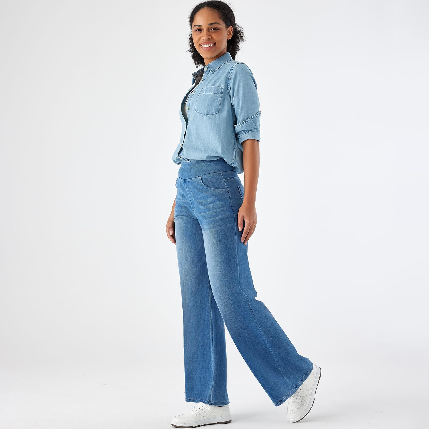 Women's High Rise Wide Leg Jeggings - Stretch Pull On Jeans-Style Pants, Soft Denim with Pockets - Image 5