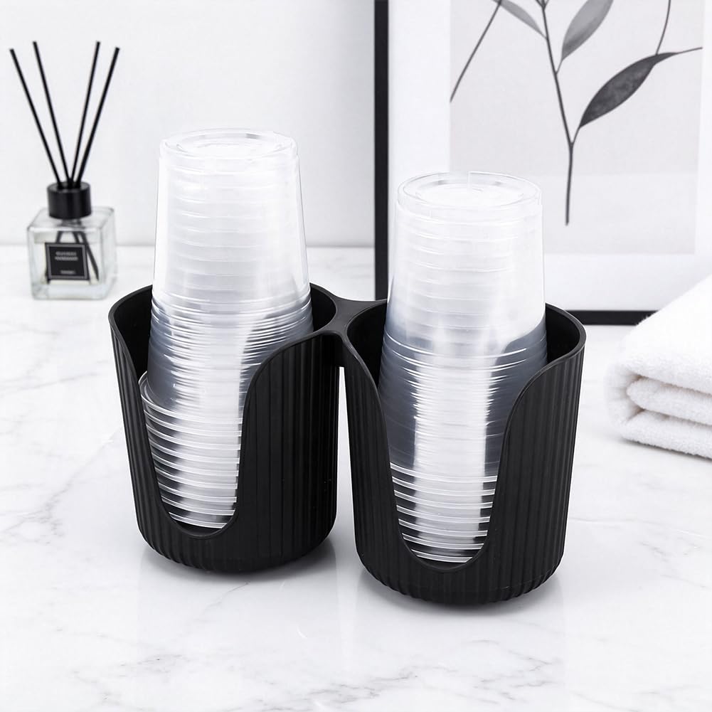 WADORN 2 Pièces Noir Distributeur de Tasses pour Salle de Bain 3 oz Porte Gobelets en Papier en Plastique 2 Fentes Petit de Comptoir Gobelets 17x7.8x9.8cm pour Maison Comptoirs Vanité Salle de Bain