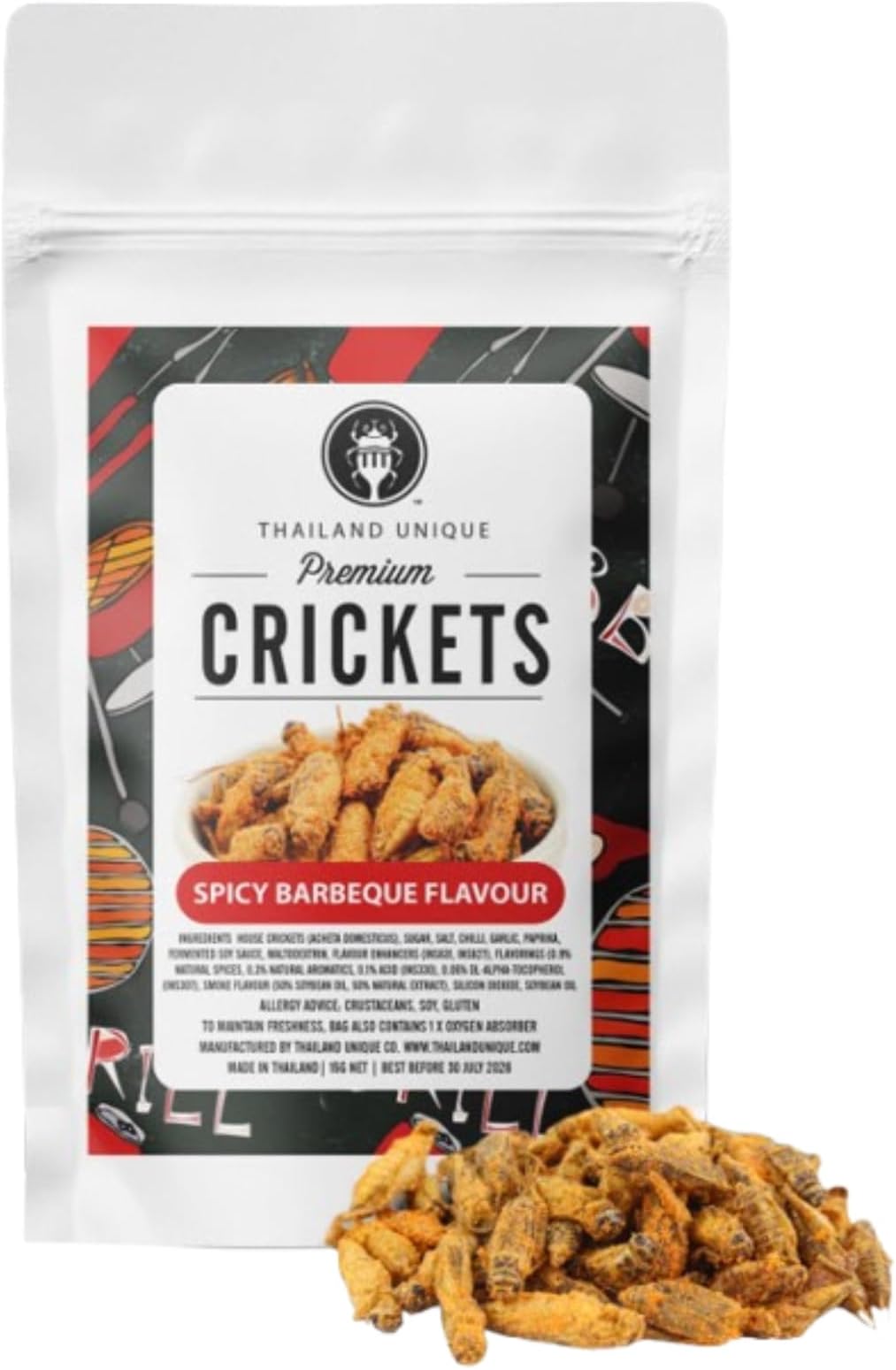 Thailand Unique Barbecue Seasoned Crickets - 15 Gram Bag of Dehydrated Edible Insects for Humans, Nutritious BBQ Bugs Superfood Unusual, Weird Snack Gift