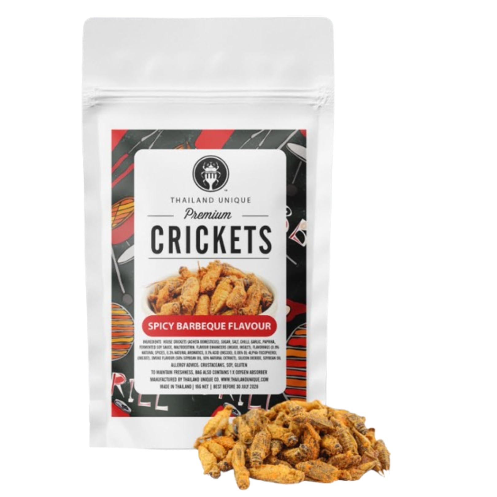 Thailand Unique Barbecue Seasoned Crickets - 15 Gram Bag of Dehydrated Edible Insects for Humans, Nutritious BBQ Bugs Superfood Unusual, Weird Snack Gift