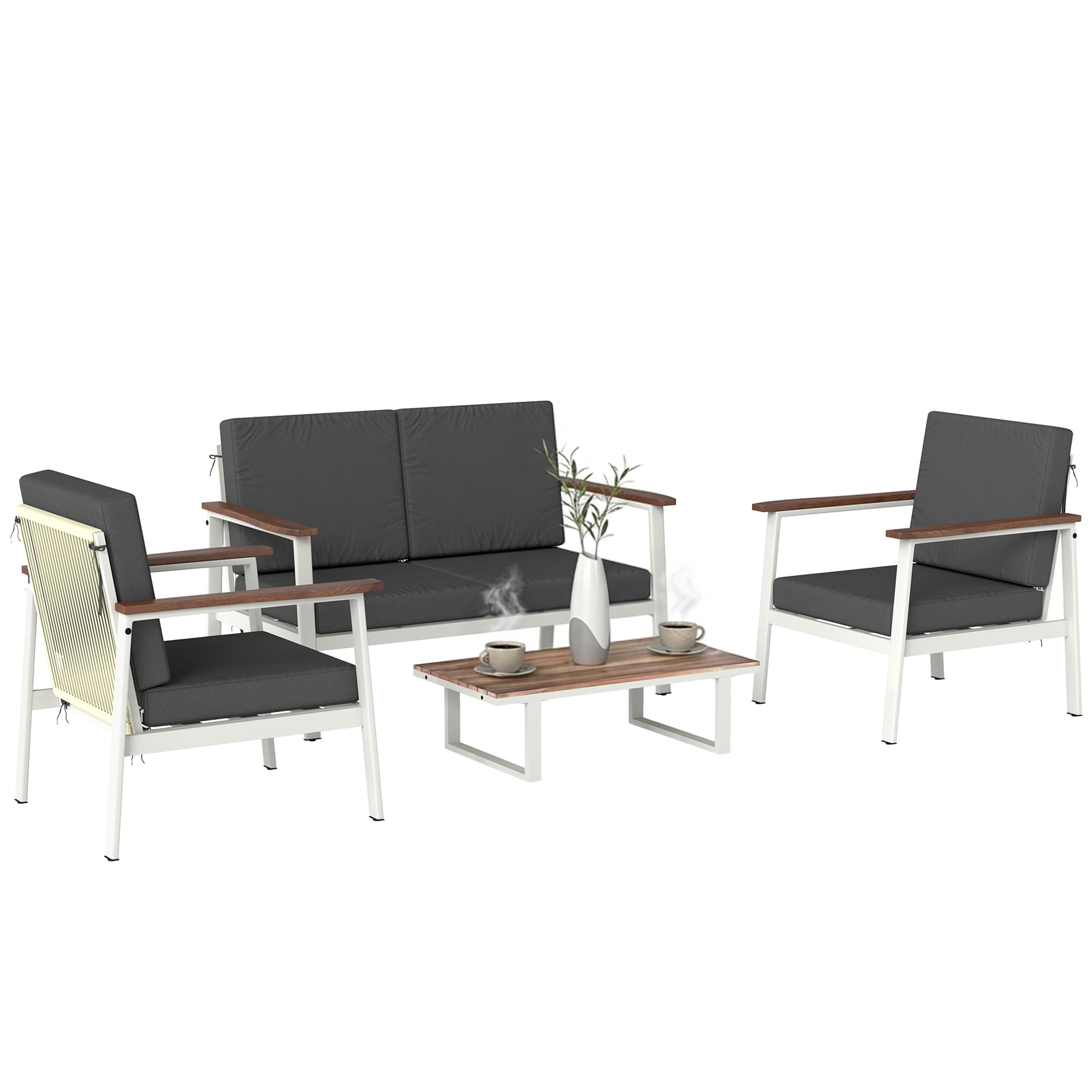 Outsunny Set Salotto da Giardino 4 Pezzi, Set di Mobili da Giardino in Legno di Acacia e Metallo con Divano 2 Posti, 2 Poltrone, Tavolino, Cuscini, Schienale Intrecciato, Salottino da Esterno, Grigio