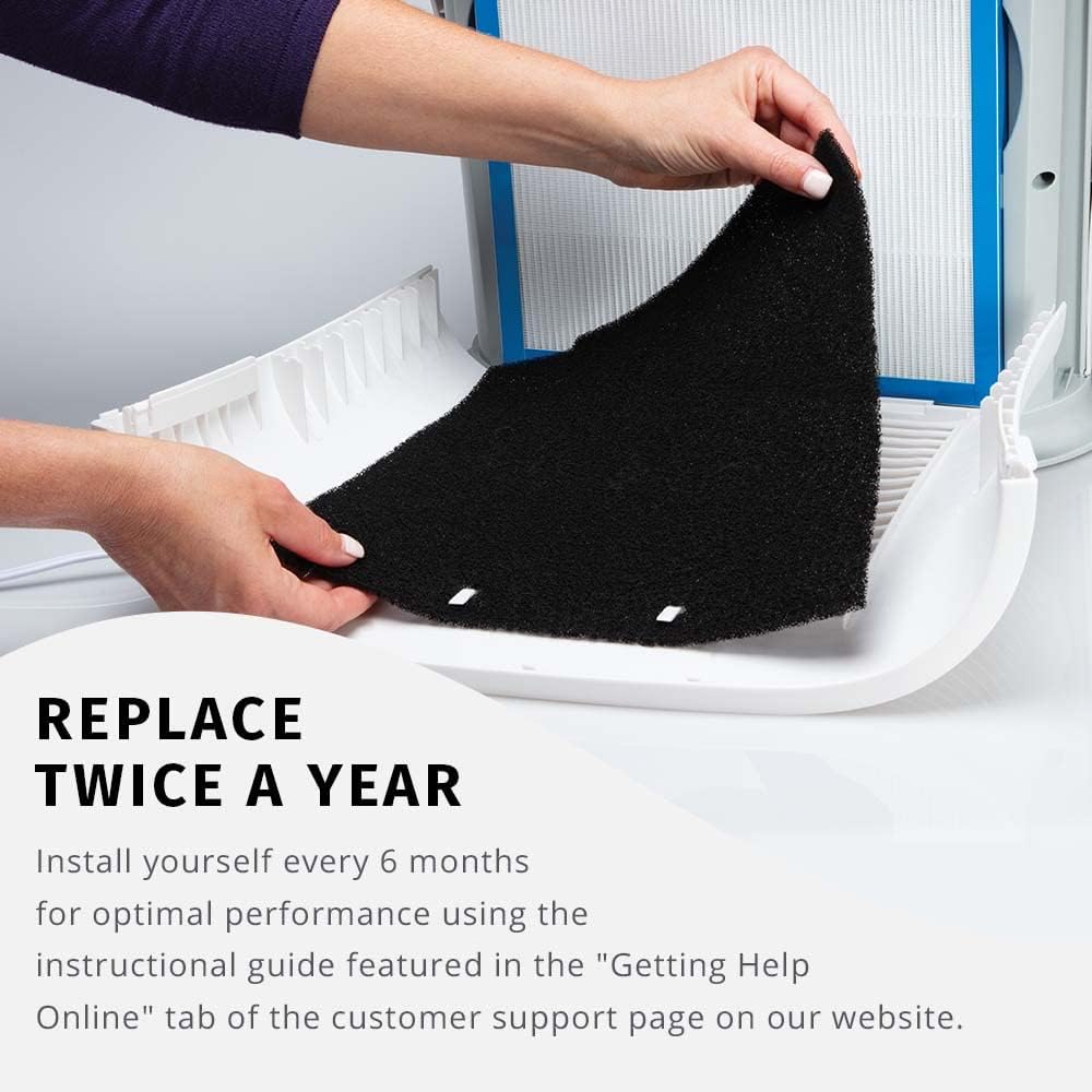 Hands installing a carbon pre-filter into an air purifier