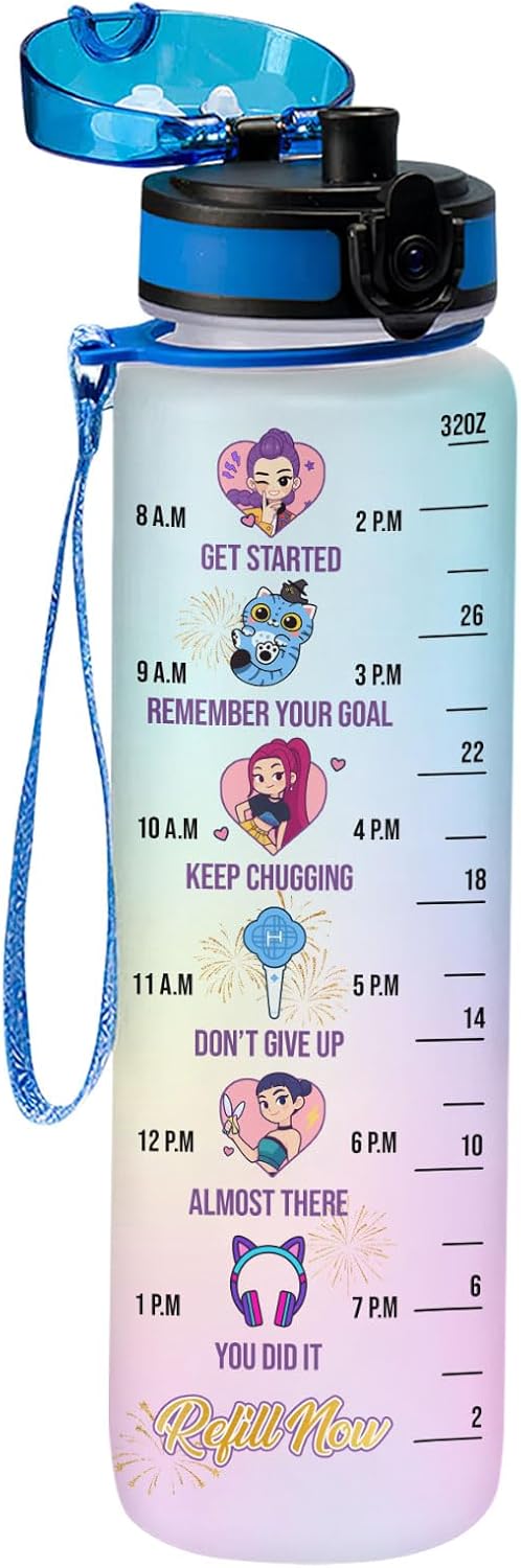 Hunters Motivational Water Bottle With Time Marker 32 oz, Cartoon Fantasy Hunters Drinkware Gift for Girls Fans