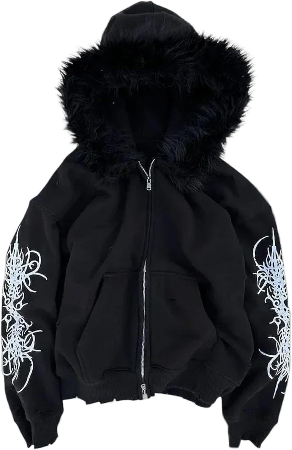 RICHTRUE Grunge Fur Hood Zip Up Hoodie Women Men Y2k Goth Hoodie Emo Jackets Fall Winter Streetwear Sweatshirt 2000s Black