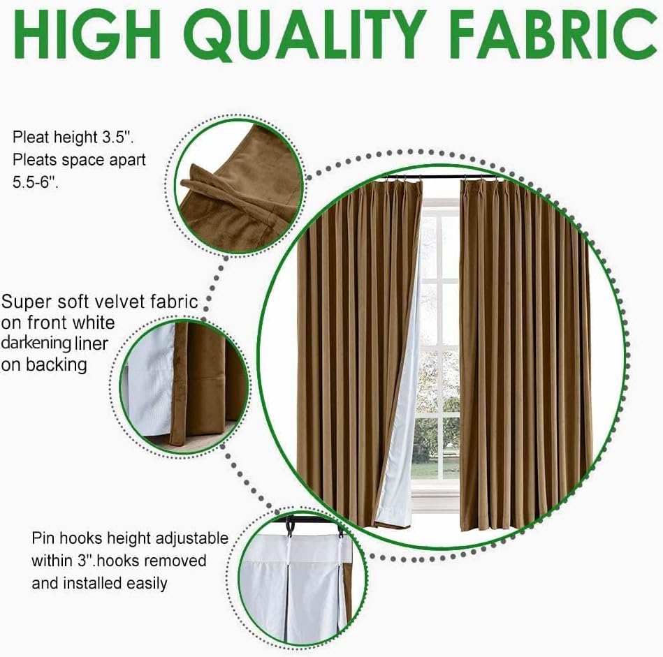 TWOPAGES 72 W x 102 L Pinch Pleat Curtain Room Darkening Velvet Curtain Drapery Panel for Traverse Rod or Track, Living Room Bedroom Meetingroom Club Theater Patio Door (1 Panel), Jave