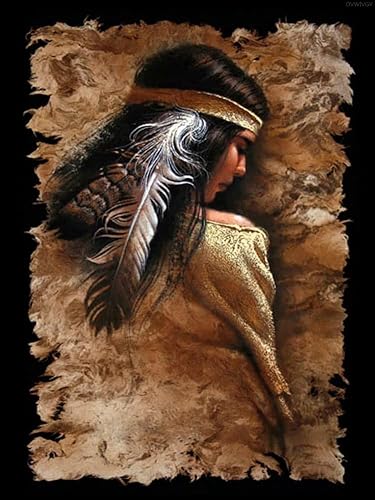 DVWIVGY Kits de pintura de diamantes 5D, nativo americano, indio, belleza, mujer, niña, espalda, taladro completo, cuentas redondas, arte de