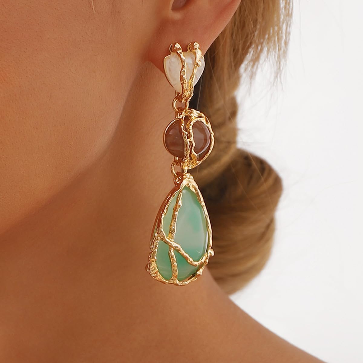 Boho Teardrop Dangle Earrings for Women Vintage Gold Tone Wrapped Green Stone Drop Earrings Multi Bead Statement Earrings for Party Wedding Daily Wear - Image 3