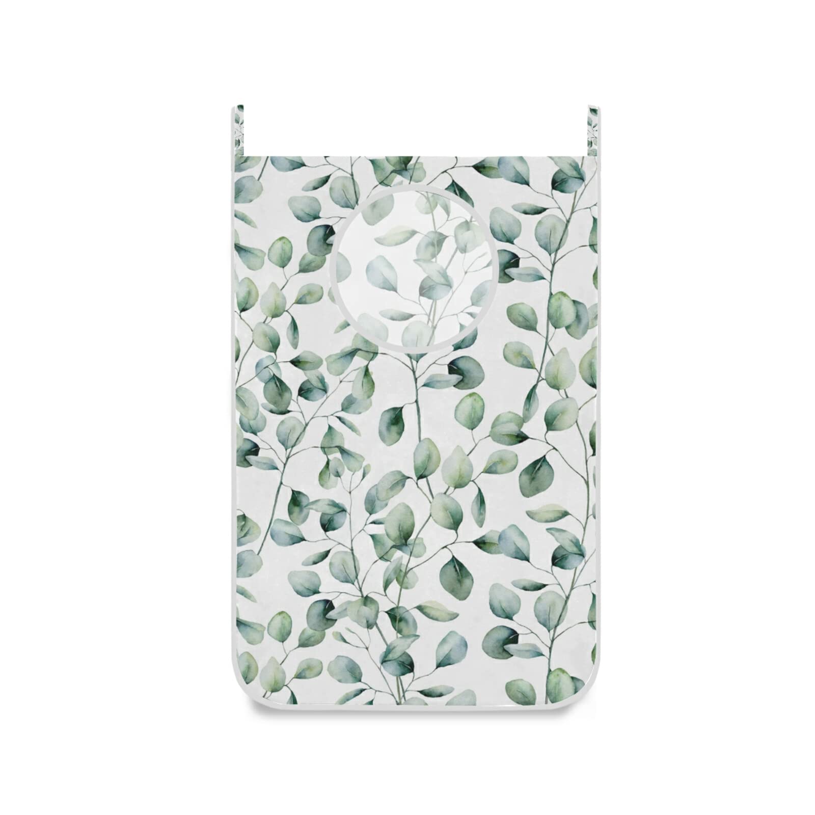 Poeticcity Green,White Seamless Watercolor Green Eucalyptus Branches With Leaves On White Hanging Laundry Hamper Bag, Dirty Clothes Bag Over The Door, Wall Cloth Basket With Hooks Storage Closet For Bathroom Bedroom