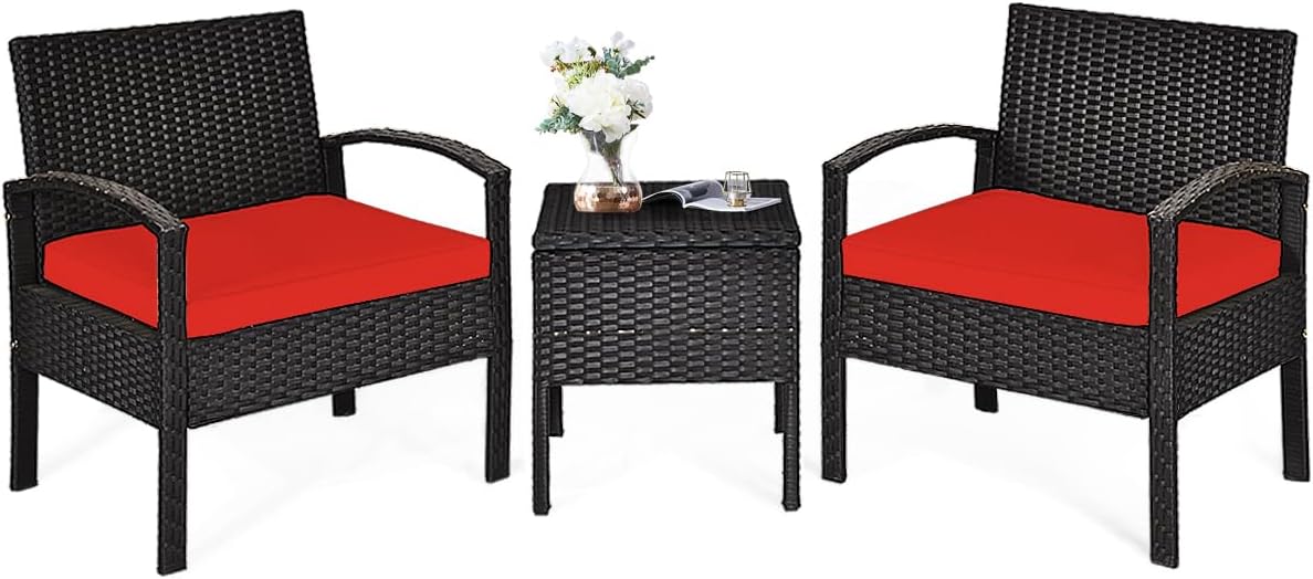 DORTALA 3 Piece Wicker Patio Furniture Set, Outdoor Conversation Bistro Sets with Rattan Chairs & Storage Coffee Table for Garden Poolside Balcony, White