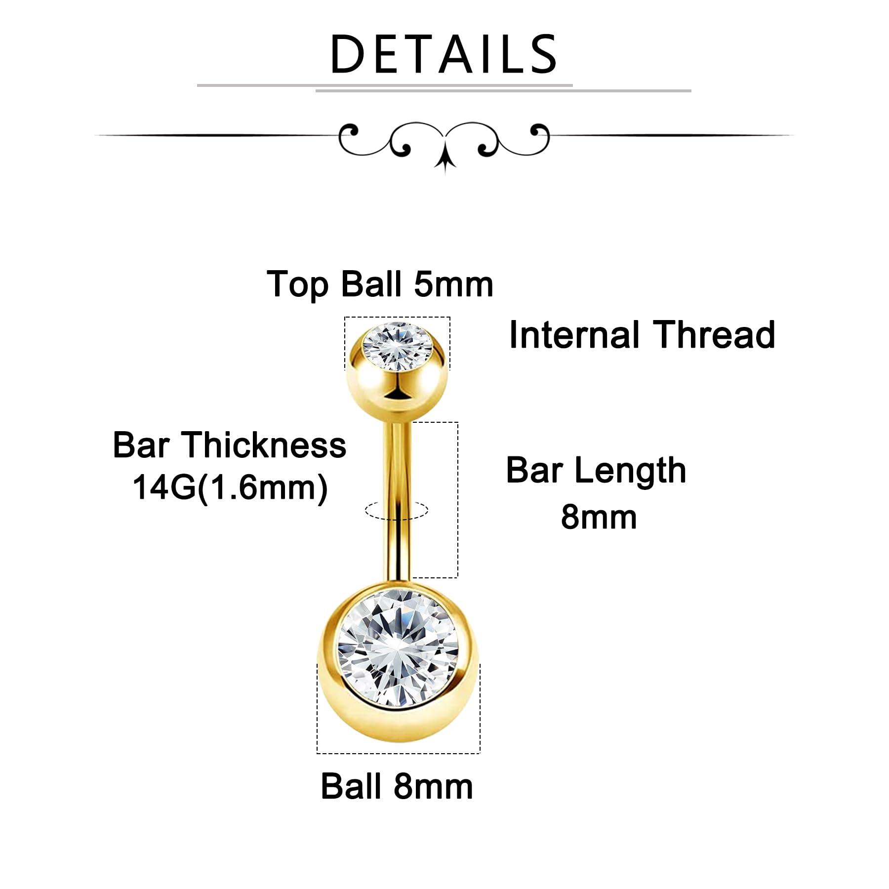 AceFun 2 piezas piercing ombligo acero quirúrgico 6mm-16mm oro plata con fundas silicona antideslizantes CZ rosca exterior