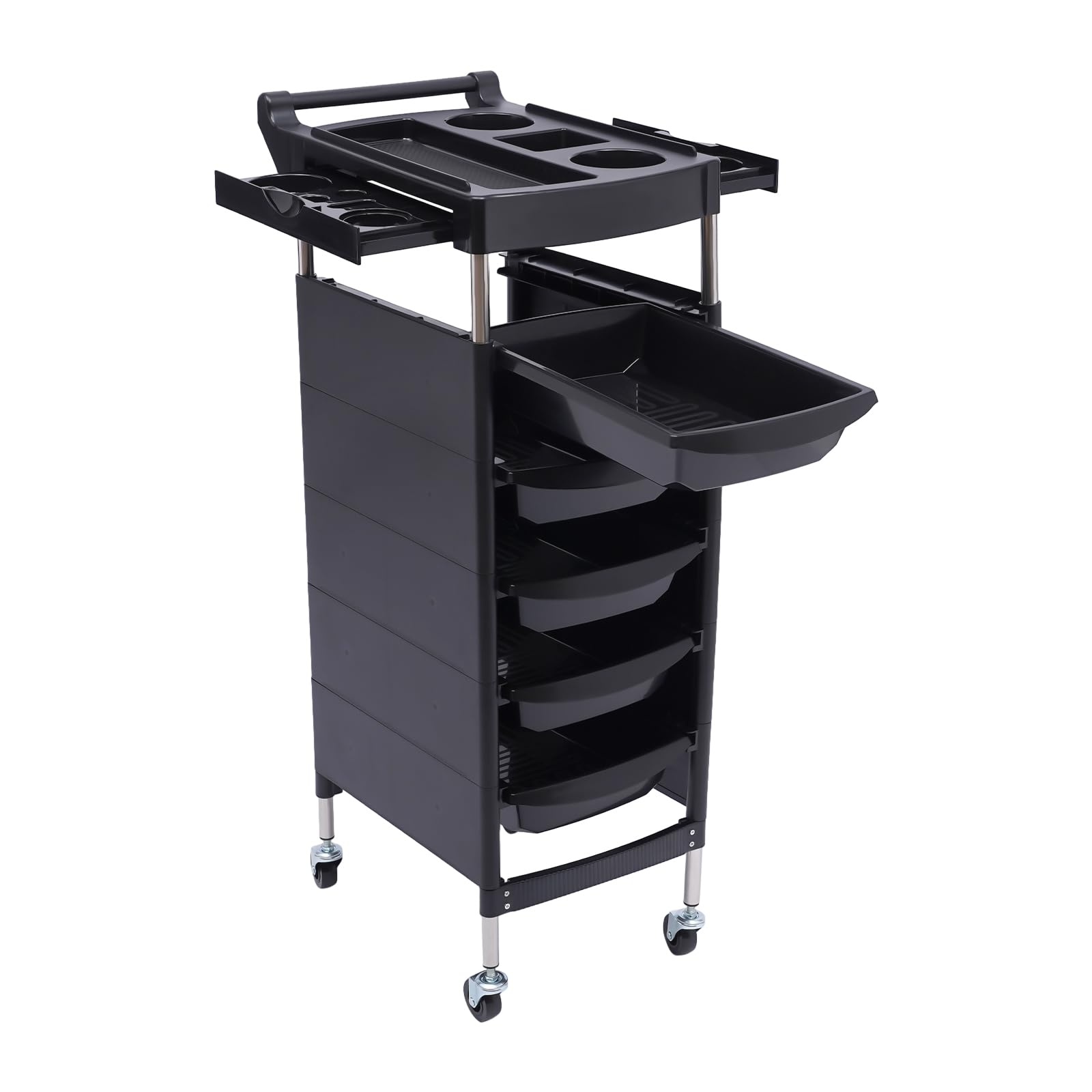Carrello da parrucchiere a 6 livelli, in acciaio inox+ABS, con 5 cassetti, portata 30 kg, con 4 ruote, fascia rinforzata e strisce antiscivolo