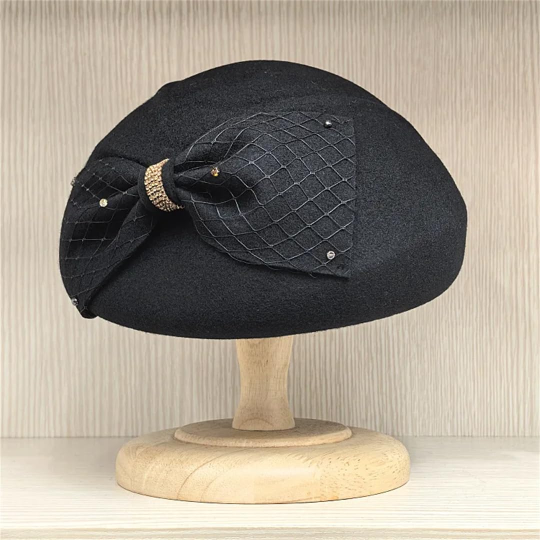Wvapzxx Cappello invernale da donna in feltro di lana con fiocco velo fascinator cappello elegante cocktail pillbox cappello matrimonio chiesa tea party cappello