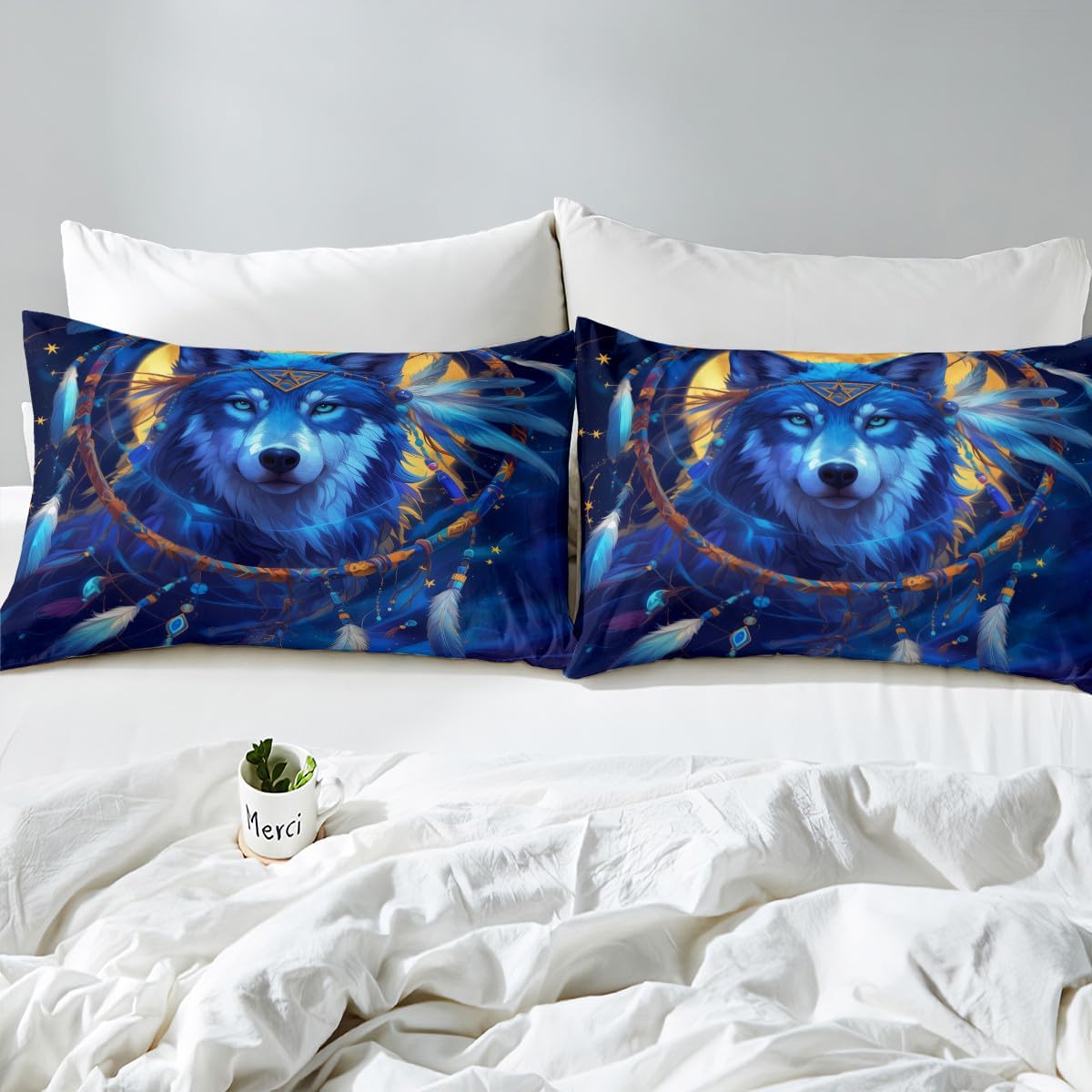 Erosebridal Moonlight Wolf Fitted Sheet Full Size,Tribe Exotic Dreamcatcher Bedding Set Soft Cozy,Ethnic Southwestern Bed Sheets,Wolves Wildlife Safari Animal Print Sheets for All Season