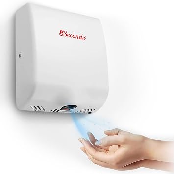5Seconds - Commercial Hand Dryer, Stainless-Steel Bathroom Appliances for Hospital, Office and More, Touch-Free Hand Dryer with HEPA Filter, 1000W, UL Listed, White