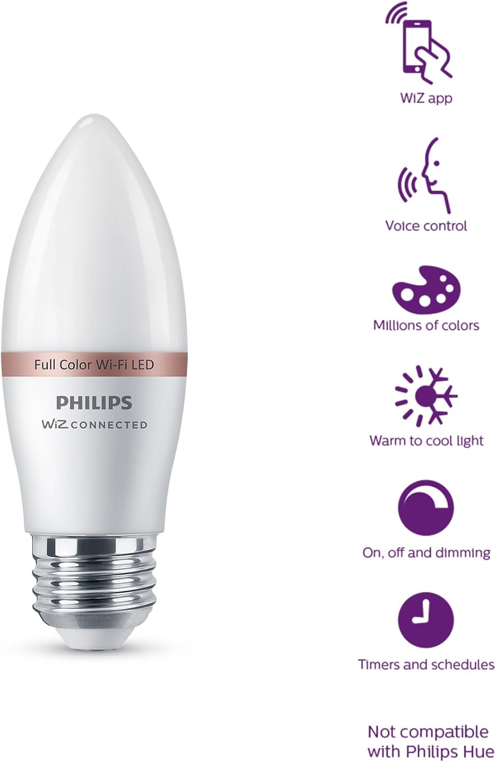 Philips Smart 40W B12 Candle-Shape 4-Pack, E12 Base, Full Color, Dimmable, Indoor, Connect to Wi-Fi, Control Voice or App - Powered by WiZ Connected